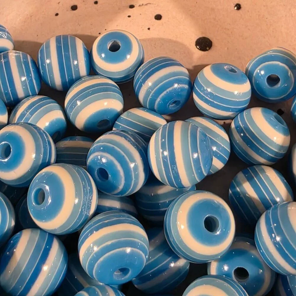 Vintage 70s Lucite Acrylic Striped 12mm Round Blue White Beads 10 pcs